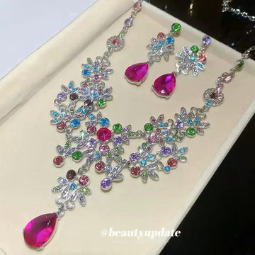 Silver Multicolor Flower Gem Necklace and Drop Earrings