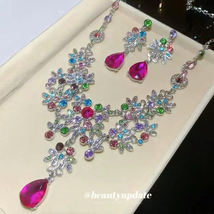 Silver Multicolor Flower Gem Necklace and Drop Earrings