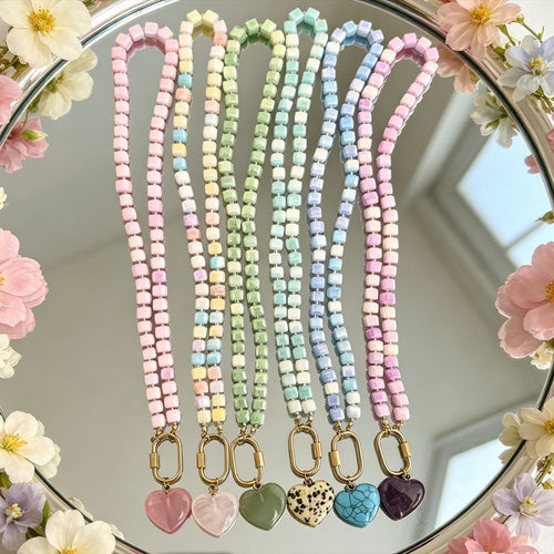 Alternate view showing the shape and hardware of the pictured cube bead necklaces