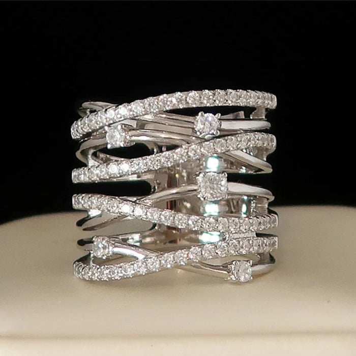 Silver Tone Multi Row Crossover Pave Clear Stone Ring