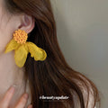 Fabric Petal Flower Stud Earrings in Yellow and Ivory view 2
