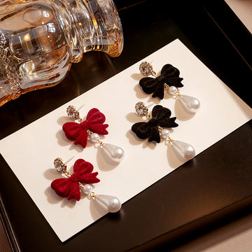 Black and Red Bow Pearl Look Long Dangle Stud Earrings
