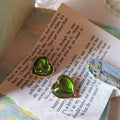 Gold Green Glass Heart Stud Earrings Textured Gold Rim view 4