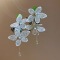 White Lace Floral Earrings With Green Leaves and Bead Drops view 6