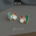 Gold-Tone Green Enamel Butterfly Stud Earrings Rhinestone view 1