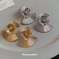 Pleated Fan Flower Stud Earrings in Gold Tone or Silver Tone view 4