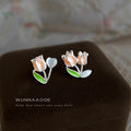 Silver Asymmetric Pink Tulip Cats Eye Stud Earrings view 4