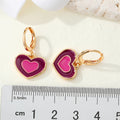 Gold Tone Double Heart Enamel Huggie Drop Earrings in Five Colors view 2