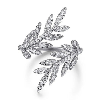 Silver Open Leaf Branch Pavé Clear Stone Adjustable Ring