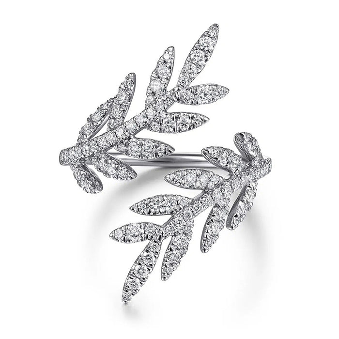 Silver Open Leaf Branch Pavé Clear Stone Adjustable Ring