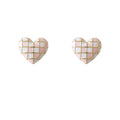 Gold Tone Pink Pearlescent Checker Grid Heart Stud Earrings For Women view 5