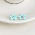 Mint Blue Enamel Flower Stud Earrings Pink Center Stone view 4