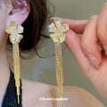 Crystal Flower Multi Chain Tassel Stud Earrings With Polished Metal Details view 4