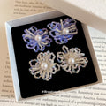 Crystal Beaded Flower Stud Earrings in White and Blue view 2