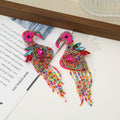 Beaded Rhinestone Flamingo Dangle Earrings With Fringe Legs view 2