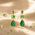 Green Square and Teardrop Gold Tone Long Stud Earrings view 3