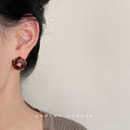 Burgundy Enamel Rose Stud Earrings Pearl Center Gold Rim view 2