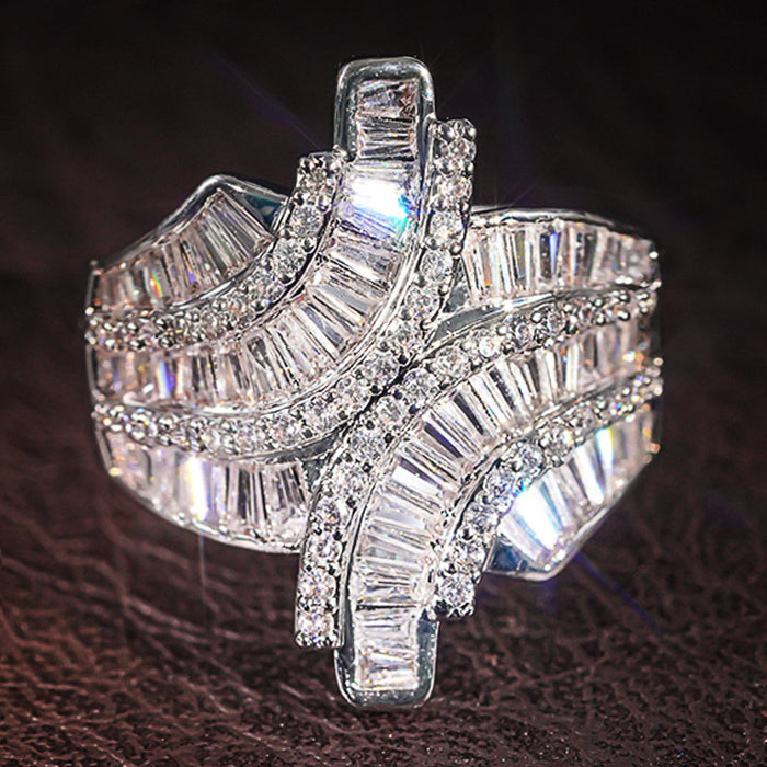 White Gold Tone Baguette Cross Geometric Finger Ring Sizes 6-10