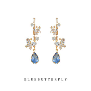 Gold-Plated Brass Butterfly Drop Earrings, Blue Teardrop Stones