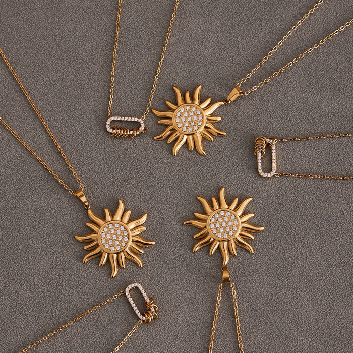 Sun Zircon Pendant And Oval Link Ring Necklaces Gold Steel