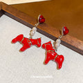 Red Horse and Heart Pearl Drop Stud Earrings Metal Tone Jewelry view 4