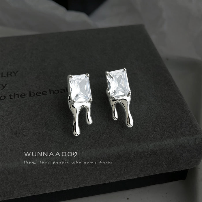 Silver Rectangular Crystal Liquid Melt Drip Stud Earrings