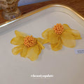 Fabric Petal Flower Stud Earrings in Yellow and Ivory view 3