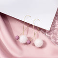 Gold Loop Threader with White Fuzzy Ball Drop Earrings view 3