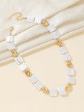 White Faux Pearl Square Bead Necklace With Gold Nugget Accents view 6