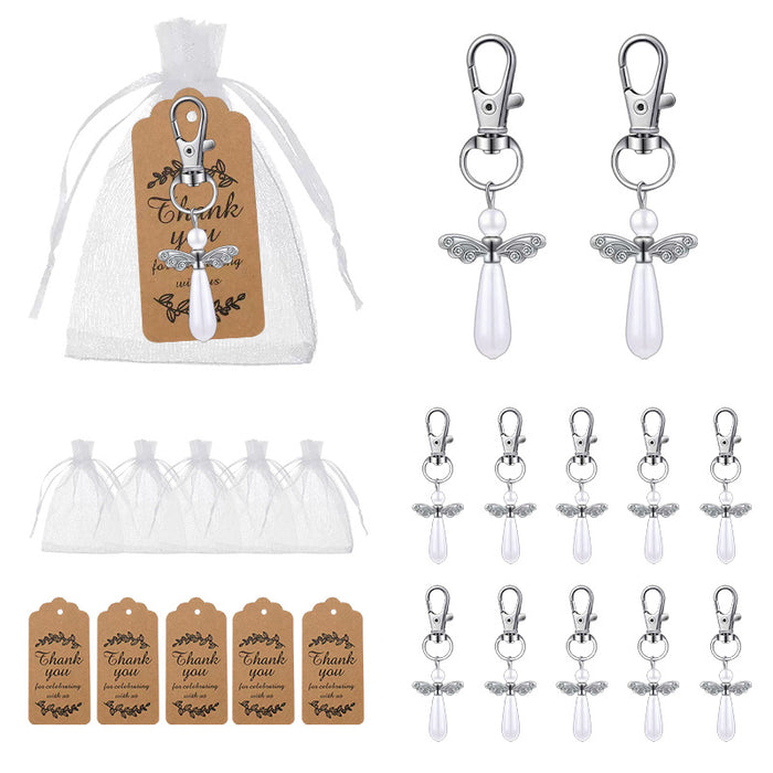 Pearl Angel Wings Keychain Silver Lobster Clasp Charm
