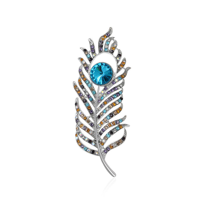 Silver Multicolor Rhinestone Peacock Feather Brooch