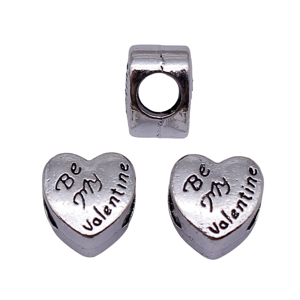 10x10x7.6mm 2.5g Antique Silver Zinc Alloy Be My Valentine Heart Large Hole Beads for DIY Bracelet Making