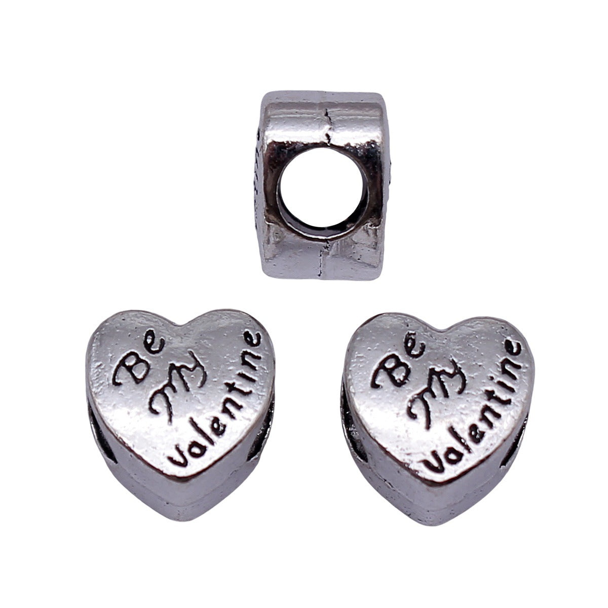 10x10x7.6mm 2.5g Antique Silver Zinc Alloy Be My Valentine Heart Large Hole Beads for DIY Bracelet Making