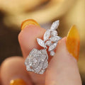 White Gold Pavé Rose Flower Leaf Drop Earrings Clear Stones view 2