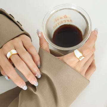 Gold Open Ring White Enamel Geometric Wave Band Size 7