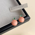 Pink Glossy Apple Stud Earrings Green Enamel Leaf Accents view 4