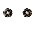 White Enamel Camellia Pearl Center Stud Earrings Gold Rim view 5