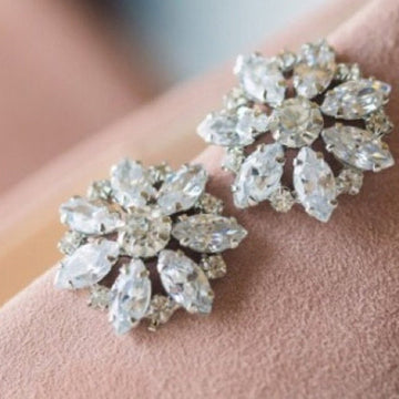 Silver Tone Marquise Stone Floral Cluster Stud Earrings