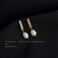 Gold Baguette Bar Pearl Drop Stud Earrings Matching Pair Style view 3