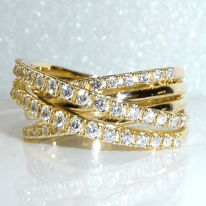 Gold Multi Band Crossover Pave Ring Clear Stones Sizes 6-10
