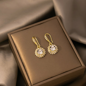 Gold Clear Look Halo Round Delicate Small Hook Earrings