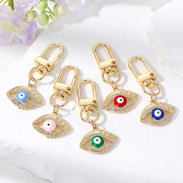 Gold Tone Crystal Halo Enamel Evil Eye Clip Keychains in Five Colors