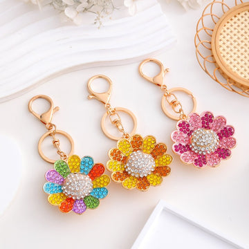 Rhinestone Smiley Face Flower Keychain Metal Bag Charm