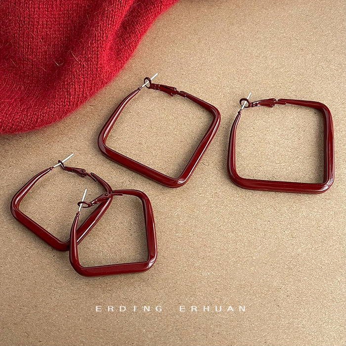 Burgundy Enamel Square Geometric Hoop Earrings Two Sizes