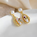 Gold Floral Painted Oval Pearl Look Dangle Stud Earrings view 4