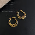 Gold Hollow Floral Filigree Crescent Hoop Earrings Latch view 3