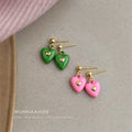 Gold Ball Stud Enamel Heart Drop Earrings Green Pink view 3