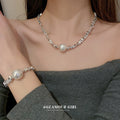 Silver Scrap Metal Pearl Geometric Chain Necklace Bracelet Mix view 1