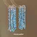 Blue Bead Tassel Stud Earrings With Silver Tone Chains view 2