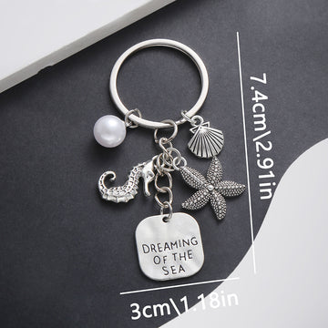 Antique Silver Seahorse Starfish Shell and Faux Pearl Keychain